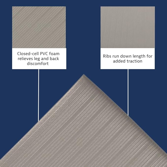 Notrax 410 Airug® 2' x 3' x 3/8" Anti Fatigue Mat, Enhanced Slip Resistance with Beveled Edges and Ribbed Surface, Ideal for Industrial and Commercial Workplaces, Gray, 410S0323GY