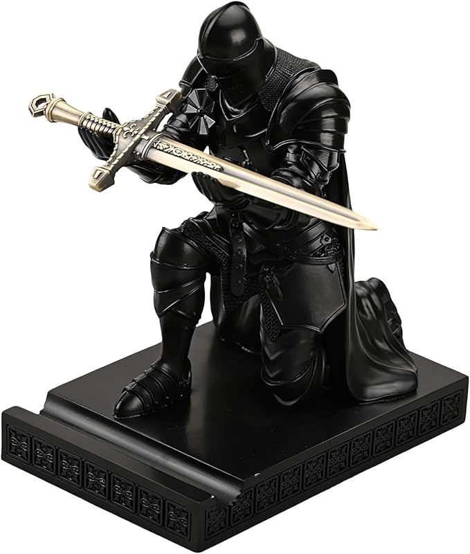 Medieval Armored Warrior Wearing Outerwear, Mobile Phone Stand Knight Pen Holder Desk Organizers, Resin Bookends Paperweight with a Letter Opener for Desk (Black)