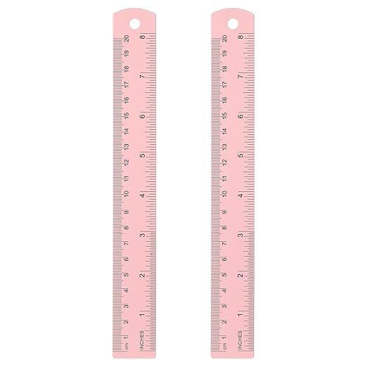HARFINGTON 2pcs Metal Straight Ruler 20cm Metric SAE Aluminum Alloy Measuring Rulers Scale Tool with Hole for Measure Study Reading Classroom Office, Pink