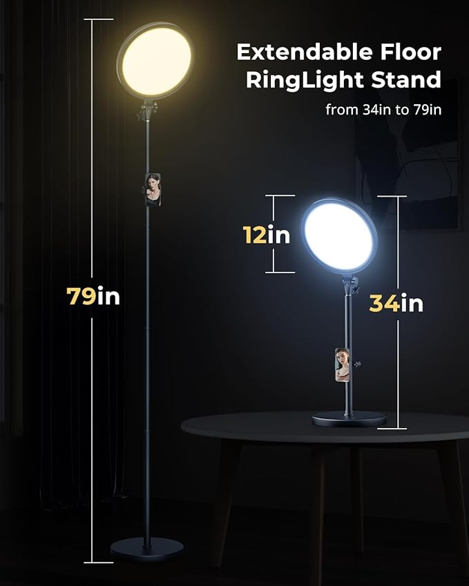 Aureday 12” Ring Light with Stand and Phone Holder, 79” Tall LED Circle Light - Image 4