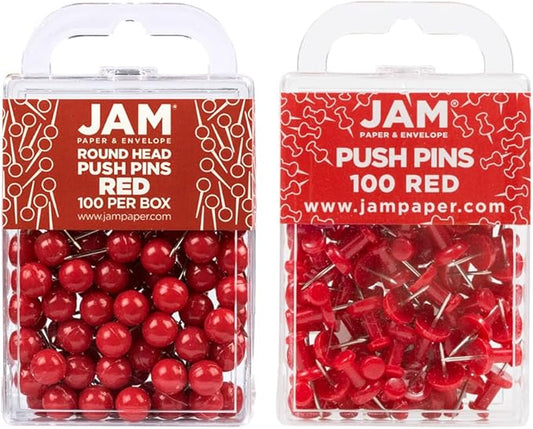 JAM PAPER Colorful Push Pins - Flat & Round Head Thumb Tack Combo Set - Red Pushpins - 200/Pack