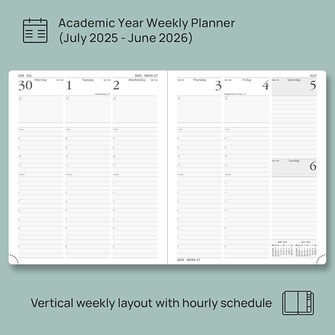 POPRUN Planner 2025-2026, (Large 8.5'' x 10.5'' Hard Cover) Academic Calendar (July 25-June 26) Daily Weekly and Monthly Appointment Book with Hourly Time Slots, Monthly Tabs, 100 GSM - Orange