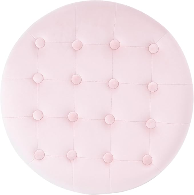 HomePop by Kinfine Fabric Upholstered Round Storage Ottoman - Velvet Button Tufted Ottoman with Removable Lid, Pink, Small