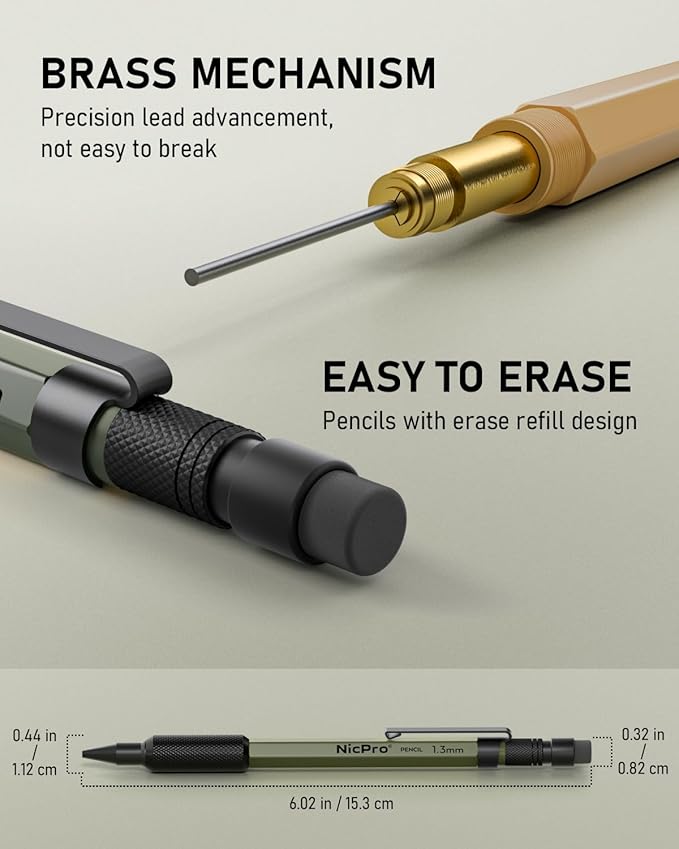 Nicpro 3 PCS 1.3 mm Mechanical Pencil Set 3 Colors with 36 Lead Refill, 3 Eraser - Weatherproof Metal MP2000 Heavy Duty Carpenter Pencil for Outdoor Marking Drafting Drawing Woodworking