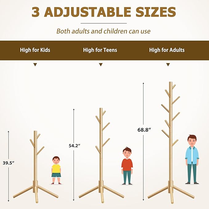 Wooden Coat Rack, Free Standing Coat Rack with 8 Hooks 3 Adjustable Heights for Clothes, Hats, Handbags, Coat Tree Easy Assembly for Entryway, Bedroom, Hallway, Office (New Nature)