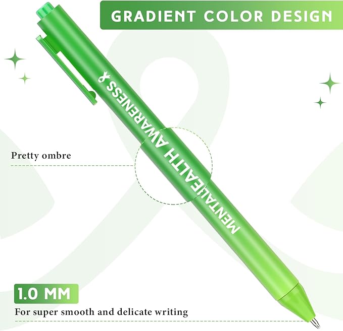 Jetec 100 Pcs Mental Health Awareness Ribbon Pens Bulk Black Ink Retractable Fine Tip Pens with Gradient Color Barrel Ballpoint Pens for Charity Volunteers Activity