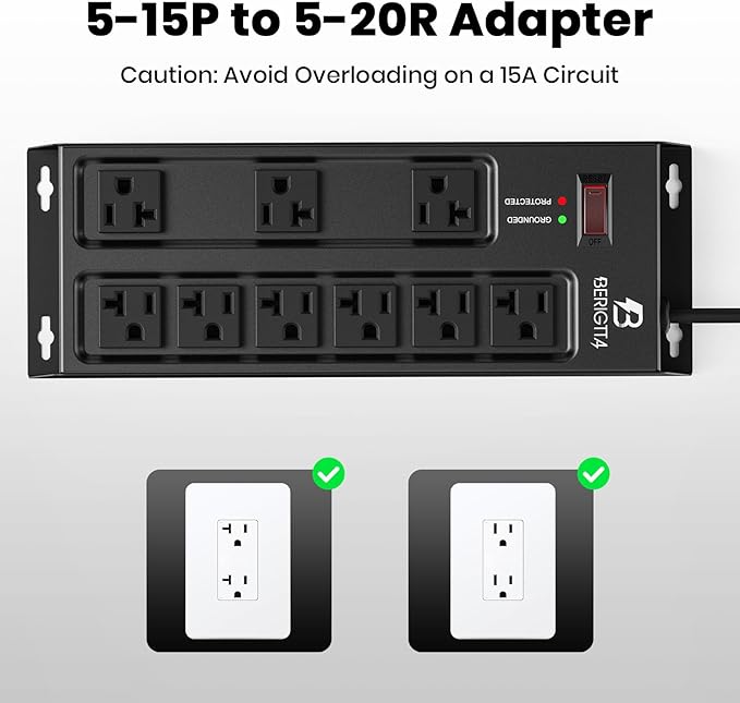 Heavy Duty Metal Power Strip, 20 AMP Surge Protector with 9 Outlets, 12 Gauge Industrial Strength for Shop & Garage Use, 6 FT Extension Cord Included, Durable T-Slot Design (6FT)