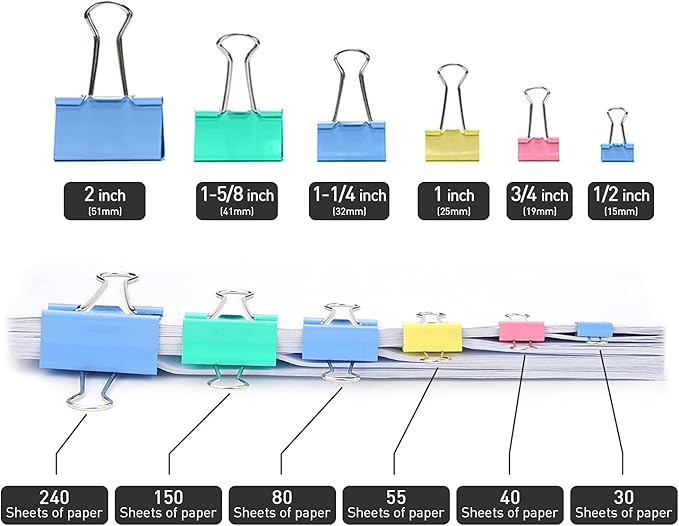 Medium Binder Clips, 24 Pack, 1-1/4 Inch, 1.25 Inch, Standard 32mm, Colorful, Capacity 0.6 Inch, Metal Paper Clips, Fold Clamp, Office Clips, School & Home Use