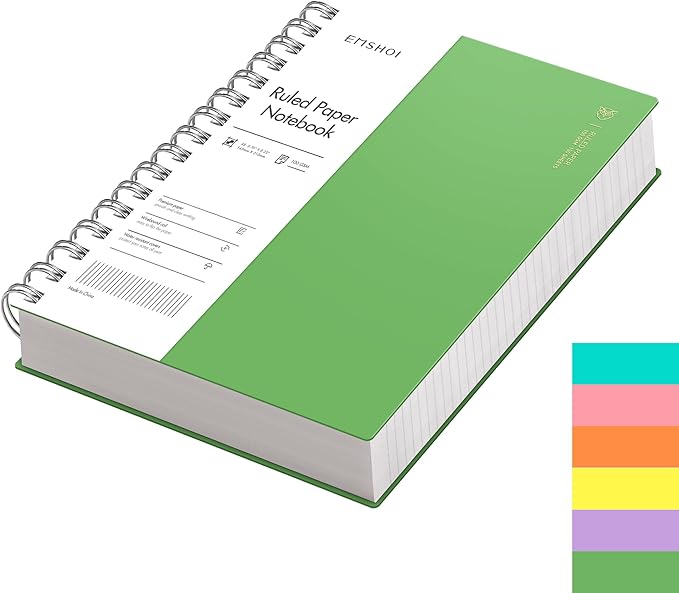 EMSHOI A5 Spiral Notebook College Ruled Lined Journal, Small 5.7" X 8.22", 300 Pages/150 Sheets, 100gsm Thick Paper, Waterproof Hardcover, for Office School Women Men Work Writing Notes-Green