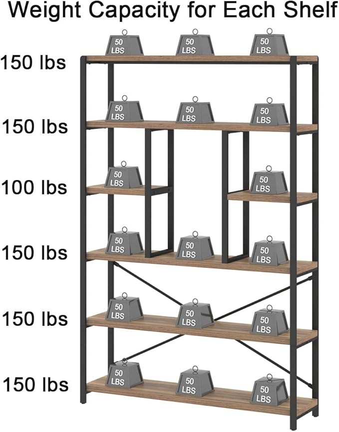 LVB Tall Industrial Etagere Bookcase, Modern Wood Large Open 6 Tier Bookshelf, Vintage Wide Metal Book Shelf Organizer, Farmhouse Book Shelves for Bedroom Living Room Home Office Storage, Rustic Oak
