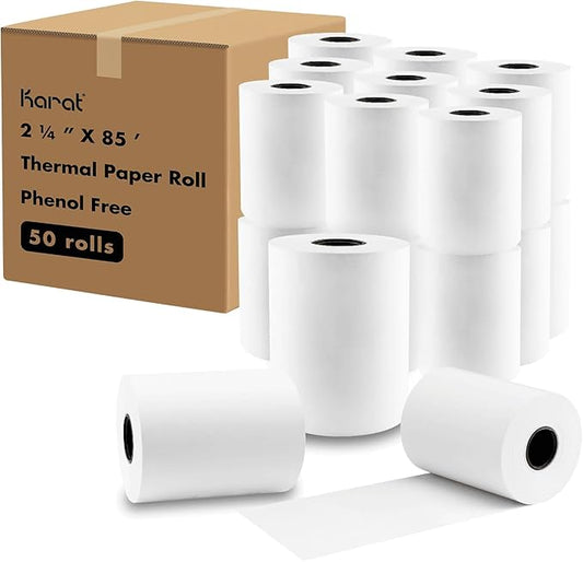 Karat 2 1/4" x 85' - 50 Rolls Thermal Paper Rolls - Phenol Free, BPA Free - Ideal for POS Receipt Printers, Cash Registers, Credit Card Machines, Mobile Printers - GS-TR225085-PF