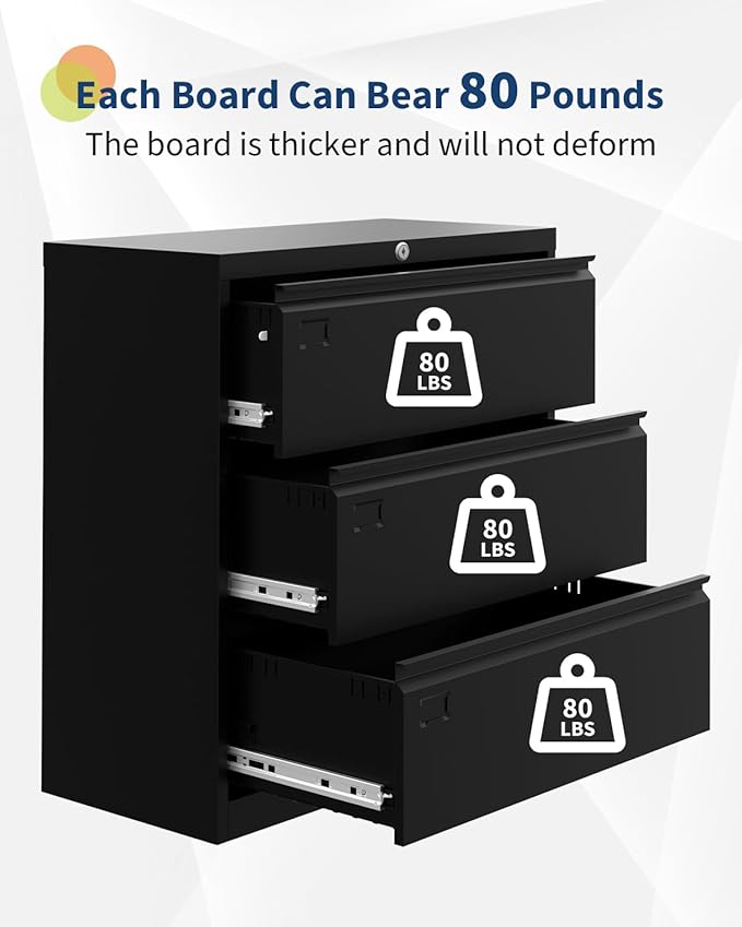 3 Drawer Lateral File Cabinet, Metal Filing Cabinet with Lock & Keys, Fit Letter/Legal/A4 Size Documents, Easy to Assemble for Home Office & Workspaces, Black