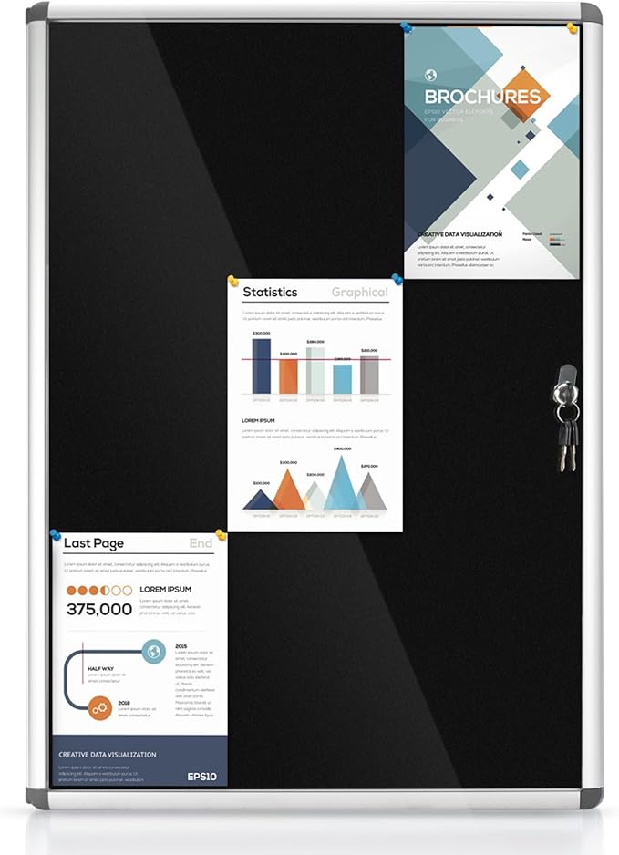 Enclosed Bulletin Board Lockable Display Case Message Board with Locking Door for Indoor, Black Felt, Silver Aluminum Frame, 38x28inches(9xA4)