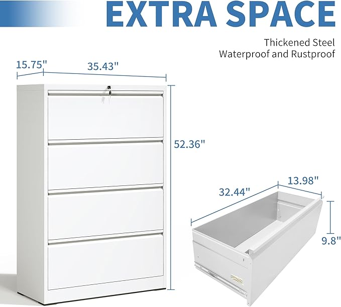 File Cabinets 4 Drawer,Metal Office Storage Filing Cabinet with Lock,White Lateral Filing Cabinet for Home Office,Horizontal Locking File Cabinets for Legal/Letter/A4,Assembly Require,White