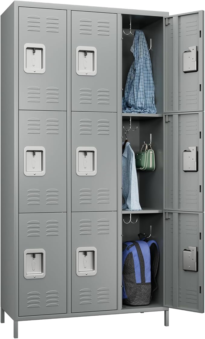 Metal Storage Locker with 9 Doors and 27 Hooks,Metal Lockers for Employees with Lock for School Garage Office Gym,Assembly Required,Light Grey