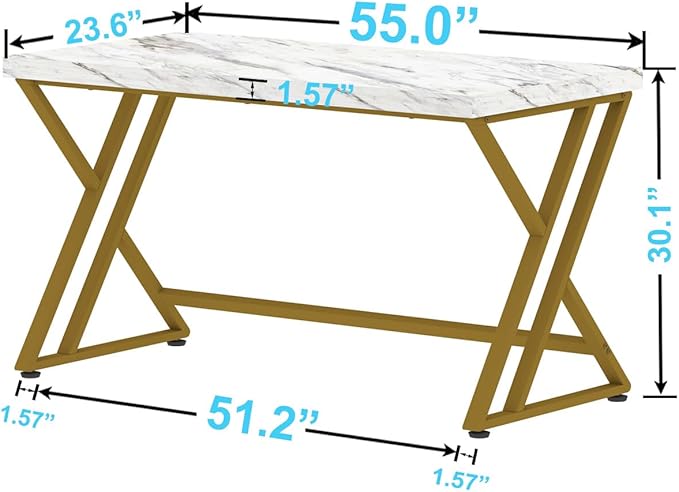 LVB White and Gold Desk, Wood Faux Marble Home Office Computer Desk, Modern Study Executive Table for Gaming Writing, Metal Simple Student Desk for Bedroom, White Marble and Gold, 55 Inch