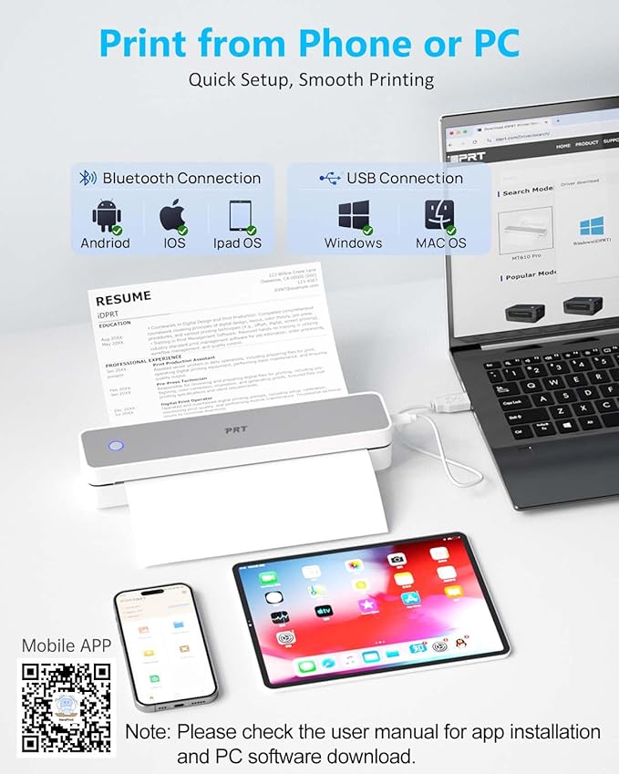 Inkless Portable Printer for Travel, Wireless Thermal Printer Support 8.5 x 11 Inch US Letter A4 B5, Bluetooth Mobile Printers with iOS, Android, Laptop for Home Use, Car, Office, School, Grey