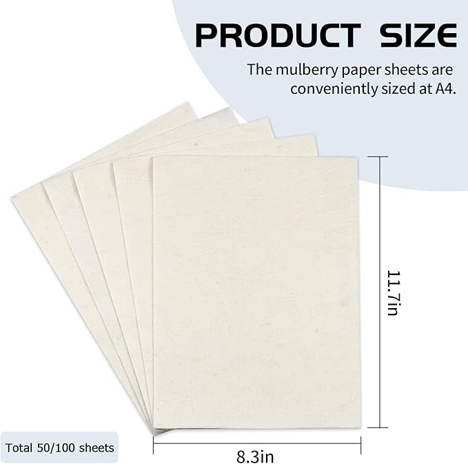 100 Sheets FIVEIZERO A4 Mulberry Paper Sheets Natural Fiber Rice Paper,8.3 x 11.7in Natural Decoupage Tissue Papers for Writing Painting, Decorative Papers, Card MakingPapers DIY Craft