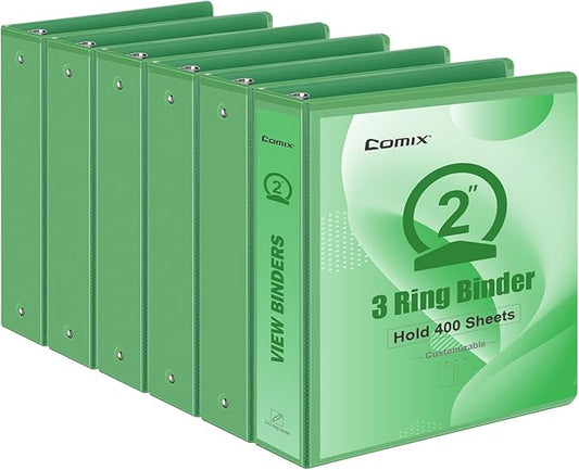 COMIX Standard 3 Ring Binder 2 inch with Clear View Cover, 2" Round Ring View Binder Holds 400 Sheets of US Letter Size Paper, 6 Pack (Sea Green)