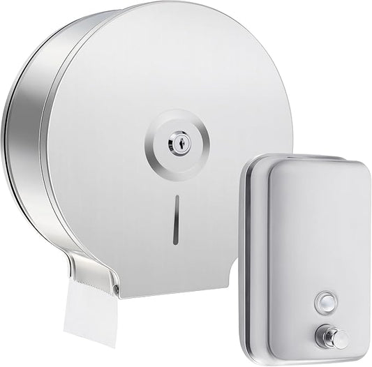 2 Pcs Commercial Soap Dispenser and Paper Towel Dispenser Set with Lock-Stainless Steel,Wall Mount,Large Capacity Manual Liquid Pump Rust Proof Leak Free for Home Bathroom (500 ml,Style 3)