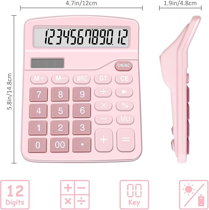Calculators, Splaks 2 Pack Standard Functional Desktop Calculators Sola and AA Battery Dual Power Electronic Basic Calculator with 12-Digit Large Display for Office, Home, School (1 Blue & 1 Pink)
