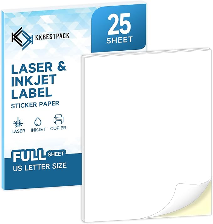 Full Sheets Sticker Paper – 25 Sheets, 8.5" x 11" Letter Size, for Inkjet & Laser Printers