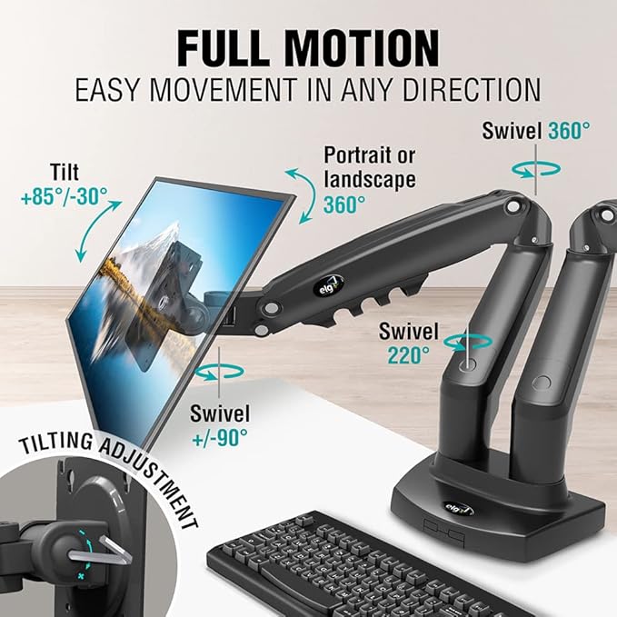 ELG Full Motion Swivel Dual Monitor Desk Mount Stand Gas Spring for Two Screens 17” to 35'' (4.4lbs to 19.8lbs Load for Each Display), Computer Monitor Stand F160N, Black