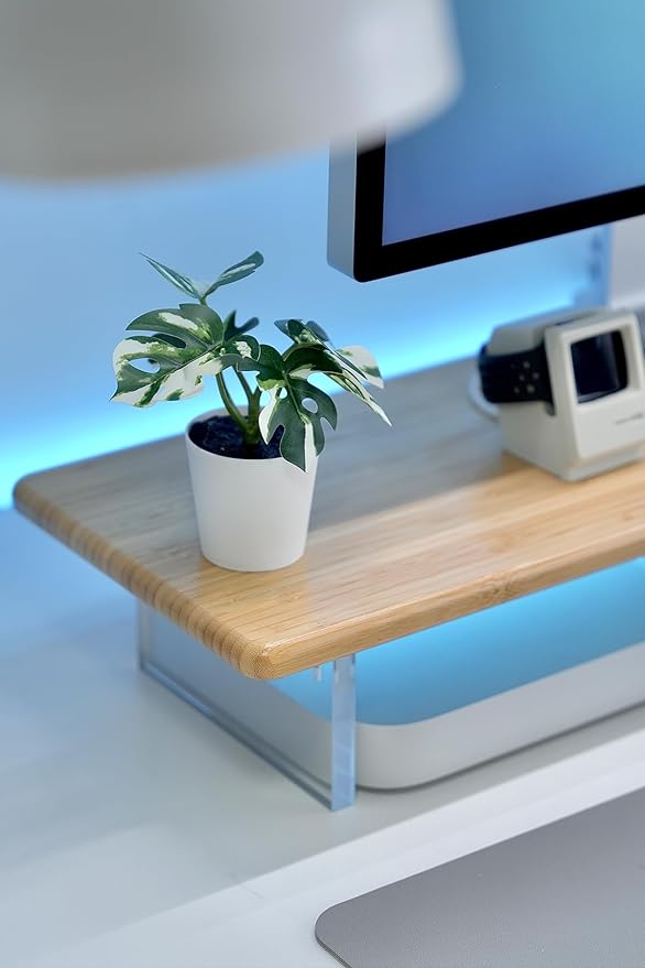 Bamboo Monitor Stand Riser with RGB Lights,31.5 Inches Desktop Shelf with Acrylic Legs Supports for Desk, PC Computer Monitor, Laptops, Printer, Speakers (Natural)