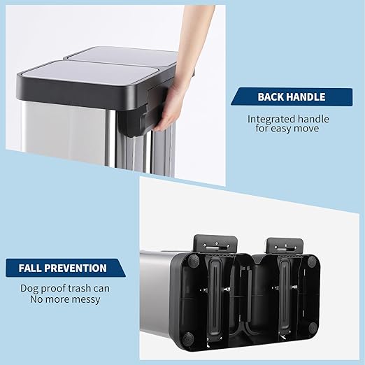 16 Gallon Dual Compartment Trash & Recycling Bin - Soft Close Lid Kitchen Garbage Can, Stainless Steel Step Pedal, Space Saving Design for Home/Office (60L 2x30L, No Inner Bucket)