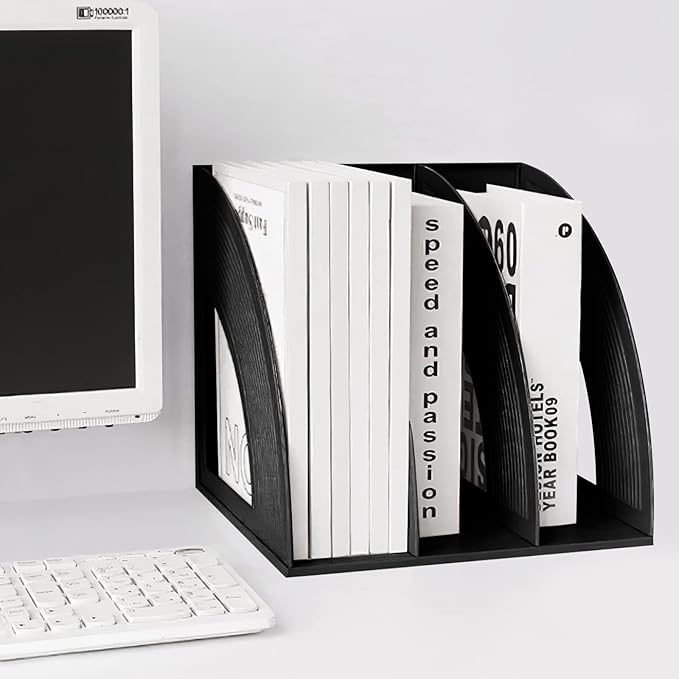 SAYEEC Desk Organizer File Magazine Storage Holder with 3 Vertical Compartments Rack Magazine Divider for Office Organization Home Workspace,Black