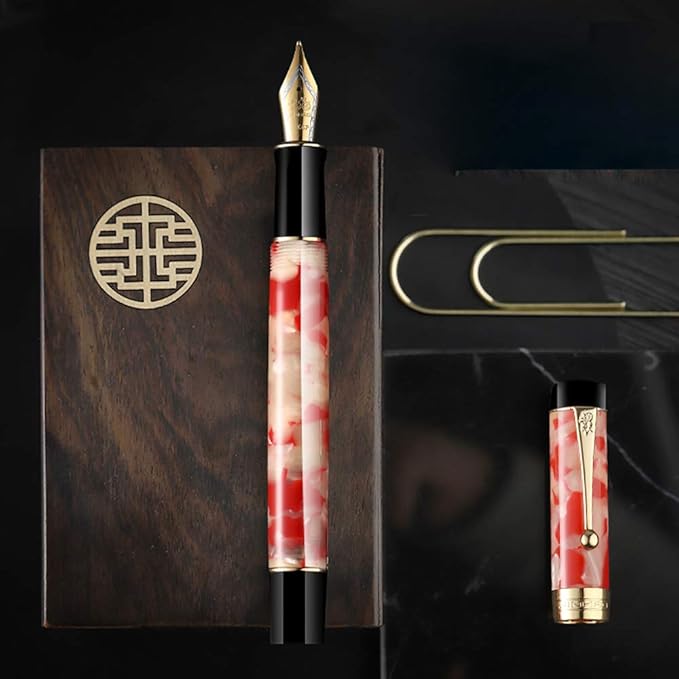Jinhao 100 Fountain Pen Celluloid Classic Style, #6 Nib Smooth Writing Instrument with Refillable Converter and Pen Case Set