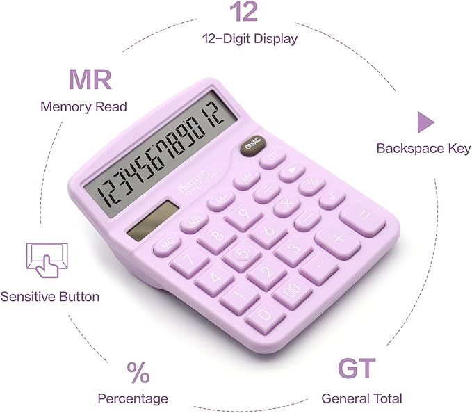 Purple Desktop Calculator - 12 Digit with Large LCD Display, Office Supplies with Sensitive Buttons