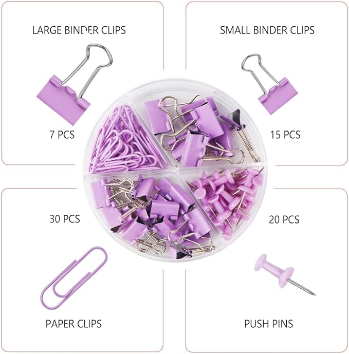 Purple Paper Clips and Binder Clips Set, 216 pcs, Metal Assorted Sized Binders with Push Pins, Cute Office Supplies for Desk, Durable Desk Accessories, 3 Pack
