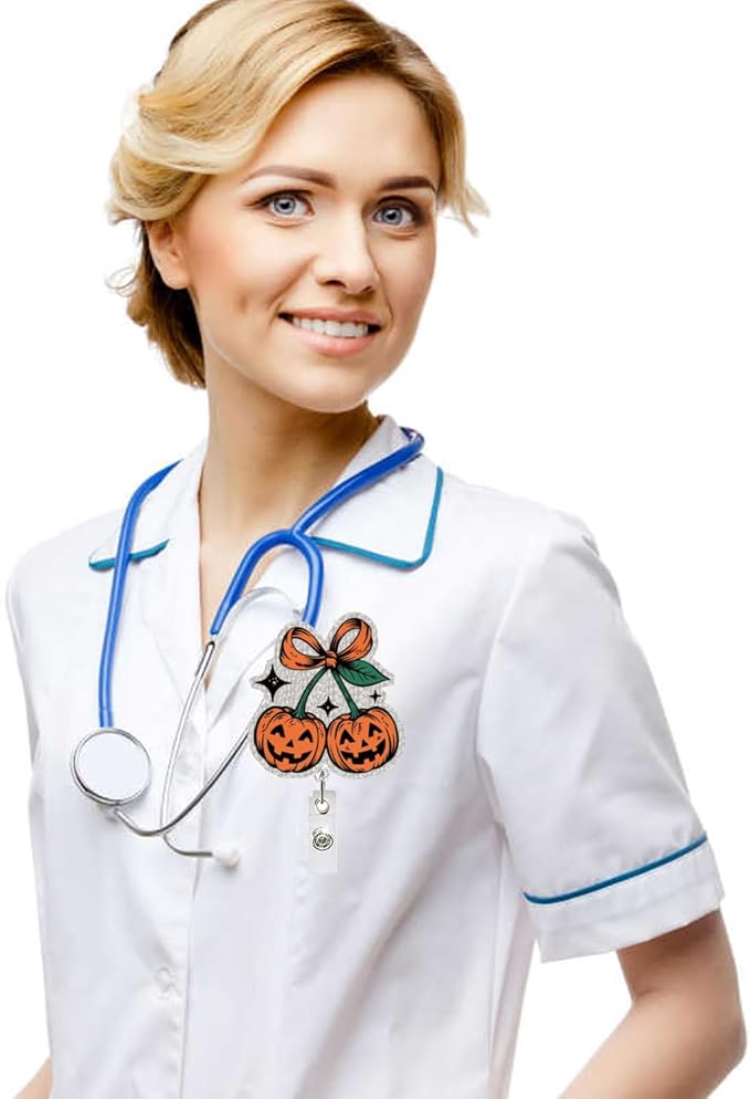 Halloween Cute Pumpkin Badge Reel Holder Retractable for Nurse Nursing Medical Worker & Teacher Pumpkin Bow Badge Reel with Alligator Clip & Durable Nylon Cord Acrylic Name Tag Card Badge Clip