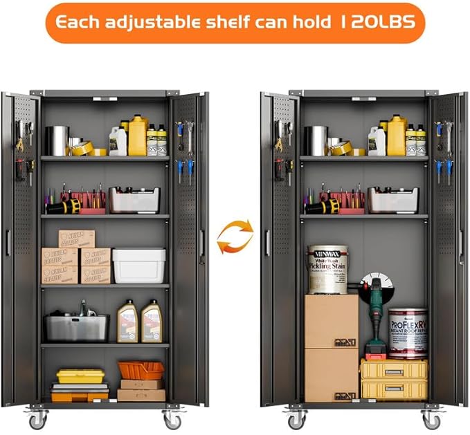 Aobabo Garage Storage Cabinet with Wheels,72" H Metal Storage Cabinet with 2 Doors and 4 Adjustable Shelves for Garage Home, Black,Required-Assembly