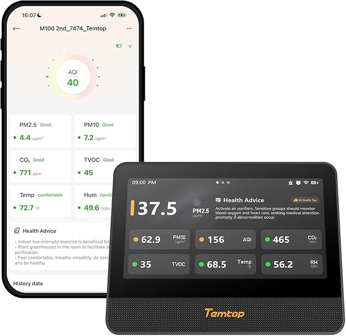 Temtop WiFi Air Quality Monitor M100 2nd Gen, 7 Inch Touchscreen CO2 Detector & by Temtop
