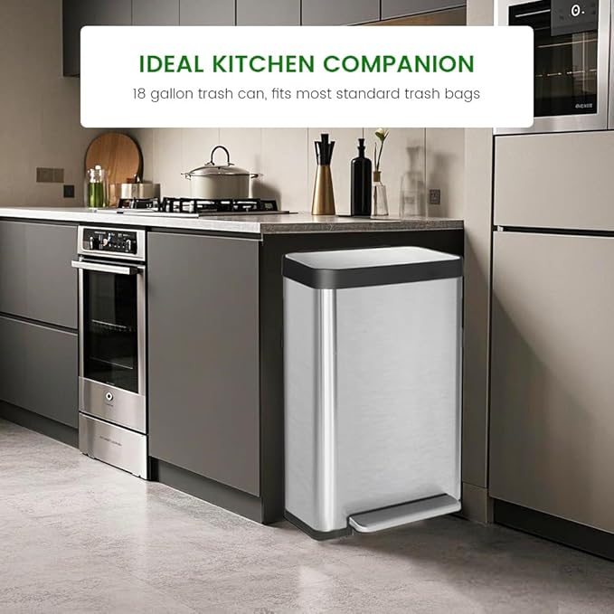 18 Gallon Stainless Steel Step Trash Can with Soft-Close Lid & Stay-Open, Rectangular Kitchen Garbage Bin for Home & Office, Tall Trash Bin No Liner Needed (70 Liter Larger Capacity)