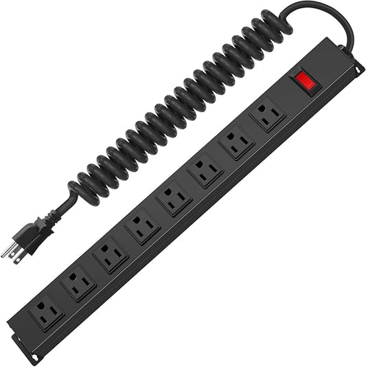 HHSOET 8 Outlet Metal Wall Mount Power Strip, Mountable Outlet with Switch, Heavy Duty Wide Spaced Surge Protector, 10 FT SJT 14AWG Black Spring Cord.