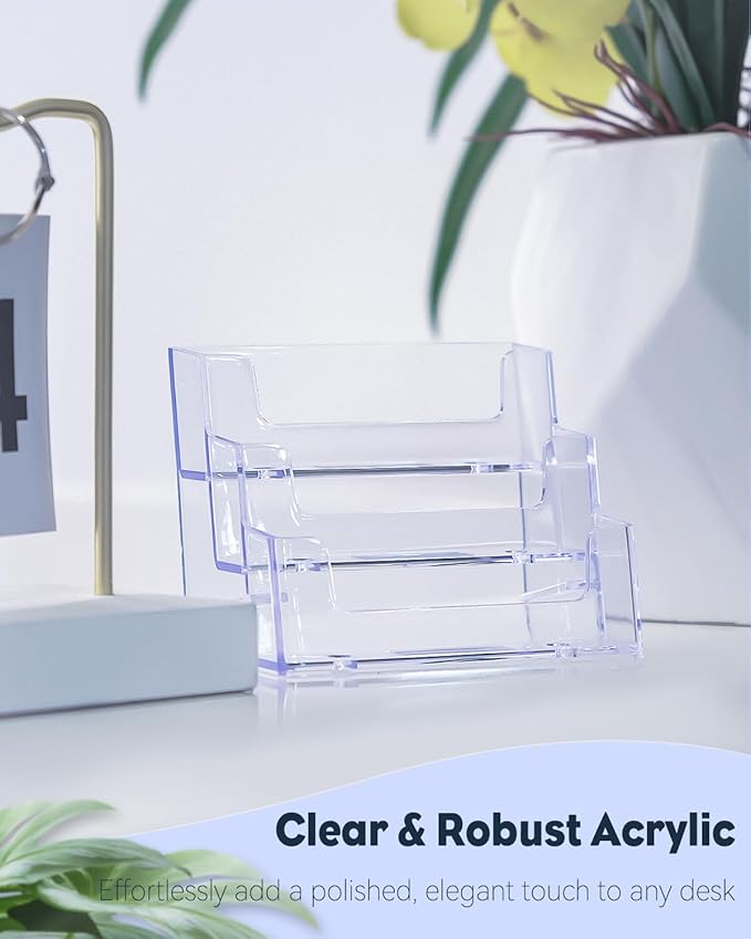 Uniclife 4 Pack Acrylic Business Card Holder for Desk 3 Slots Clear Business Card Display Stand for Men & Women Desktop Business Card Organizer Card Stand for Office Home Exhibition, 180 Card Capacity