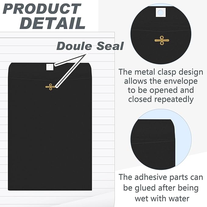 Geyee 100 Pcs Clasp Manilla Envelopes 6 x 9 Inch Gummed Colored Envelopes for Storing or Mailing for Home Office Business Supplies(Black)