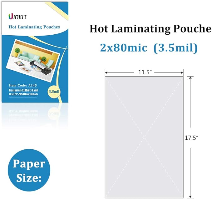 Uinkit 3.5 Mil 100 Pack Clear Thermal Laminating Pouches, 11.5 x 17.5-Inch Lamination Pouches Paper, Fits 11 x 17 Inch Laminator Sheet, Rounded Corner