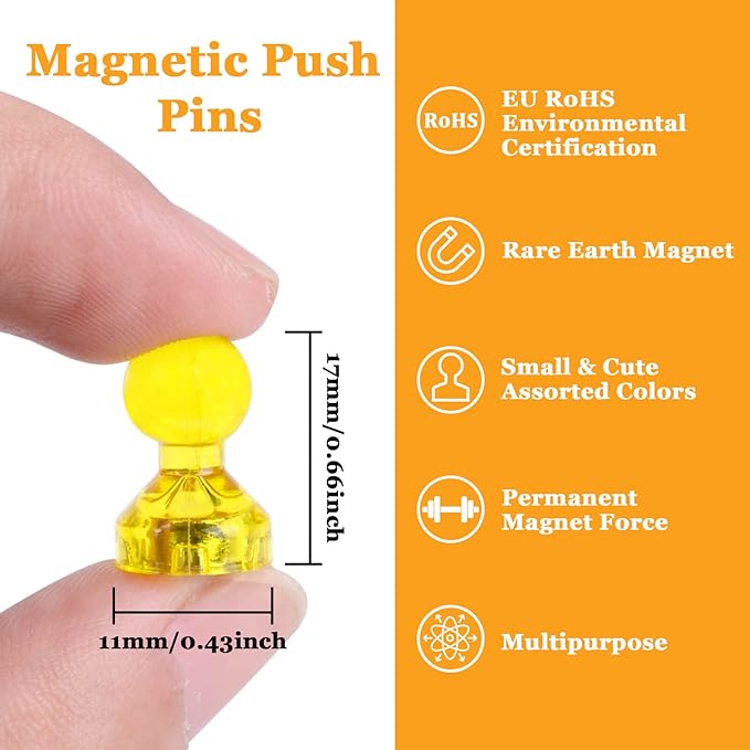 60Pcs Push Pin Magnets, Small Strong Refrigerator Magnets for Whiteboard, Funny Cute Decorative Fridge Magnet, for Locker School Classroom Calendar Kitchen Office Dry Erase Board Map Magnetic Push Pin