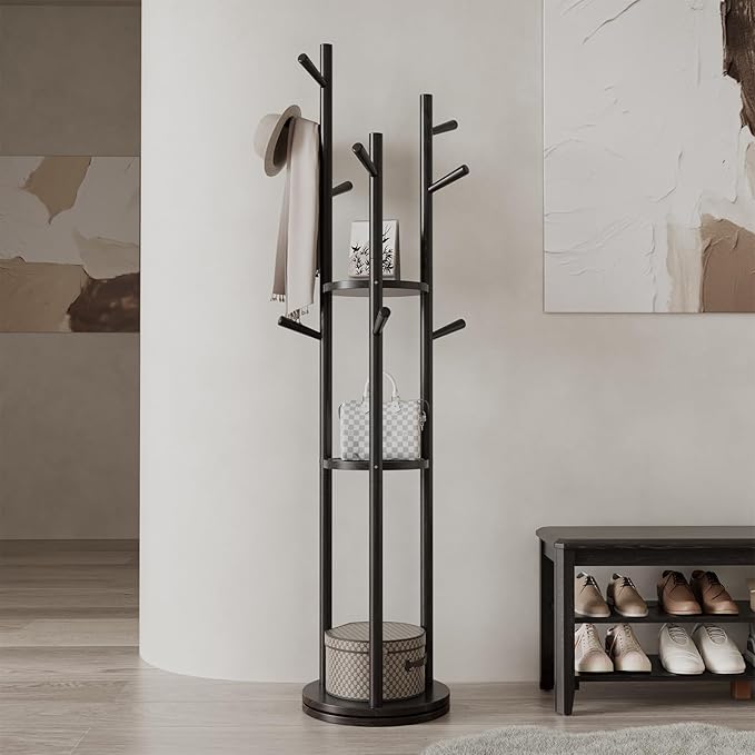 Solid Wood Rotary Coat Rack, Freestanding Coat Rack with 3 Shelves and 9 Hooks, Coat tree for Bedroom, Entryway, Livingroom, Coat Hanger Stand for Coats, Scarves, Handbags (Black)