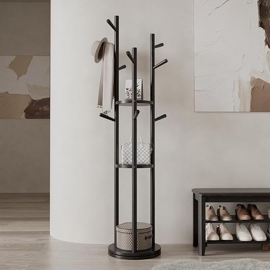 Solid Wood Rotary Coat Rack, Freestanding Coat Rack with 3 Shelves and 9 Hooks, Coat tree for Bedroom, Entryway, Livingroom, Coat Hanger Stand for Coats, Scarves, Handbags (Black)