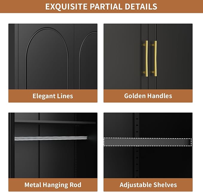 Metal Armoire Wardrobe Closet with Doors and Shelves, 71" Tall Wardrobe Closet with Hanging Rod, Freestanding Clothes Cabinets, Large Wardrobes for Bedroom, Black, Assembly Required