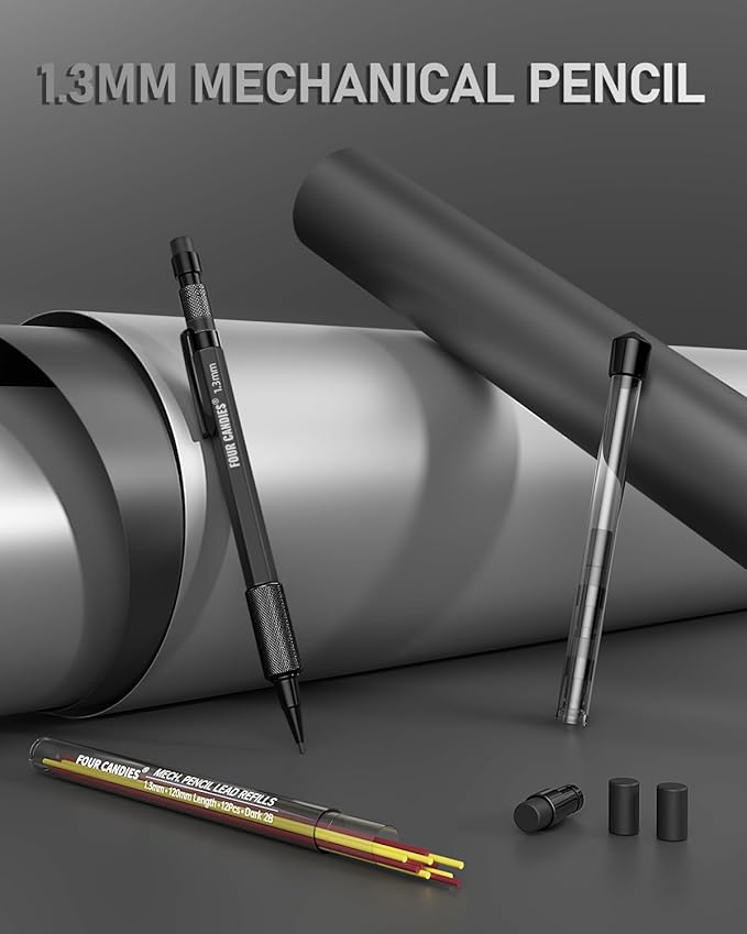 Four Candies 1.3mm Mechanical Pencil Set with 24 Lead Refills, Metal Weatherproof Heavy Duty Outdoor Carpenter Pencil, Eraser, 6 Eraser Refills for Architect Drafting Woodworking Marking with Case