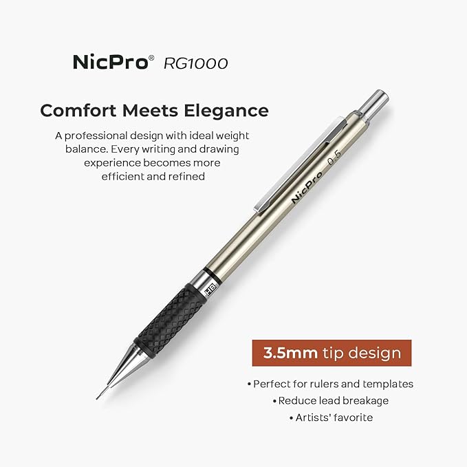 Nicpro RG1000 0.5 mm Art Mechanical Pencil Set in Storage Case, 3 PCS Metal Drafting Pencil Lead Pencil with 6 Tube HB Refills, 3 Erasers, 9 PCS Eraser Refills for Artist Writing, Drawing, Sketching