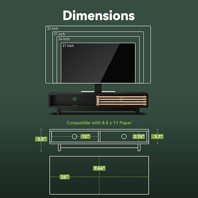 Monitor Stand Riser with Sliding Door, Computer Laptop Stand Desk Shelf Organizer with Storage (Black + Natural Bamboo, 25 Inch)
