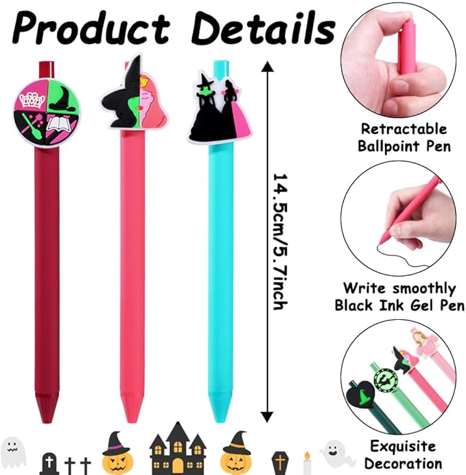 10 Pcs Halloween Ballpoint Pen DIY Retractable Gel Ink Pen Princess and Witch Cartoon Pens for Office Stationary Writing Pen Party Favors