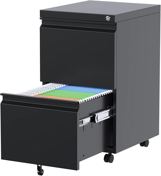 Aobabo 2 Drawer File Cabinet, Lockable Metal Filing Cabinet with Wheels for Home Office, Legal/Letter Size, Fully Assembled Except Wheels, Black